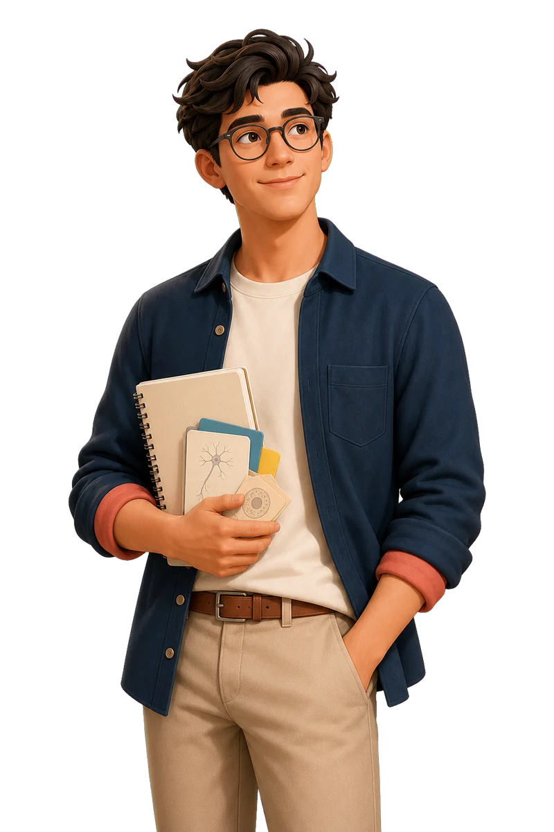 Stylized illustration of a biology graduate holding study materials
